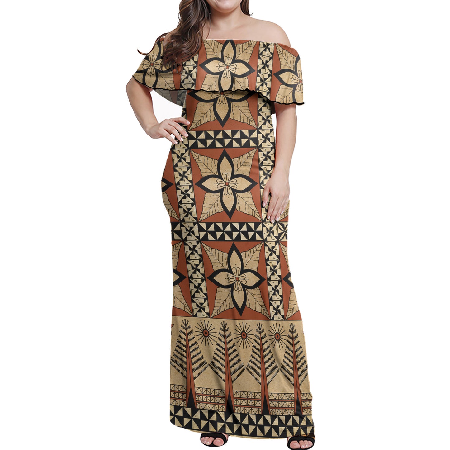 Tonga Combo Off Shoulder Long Dress And Shirt Tapa Motif