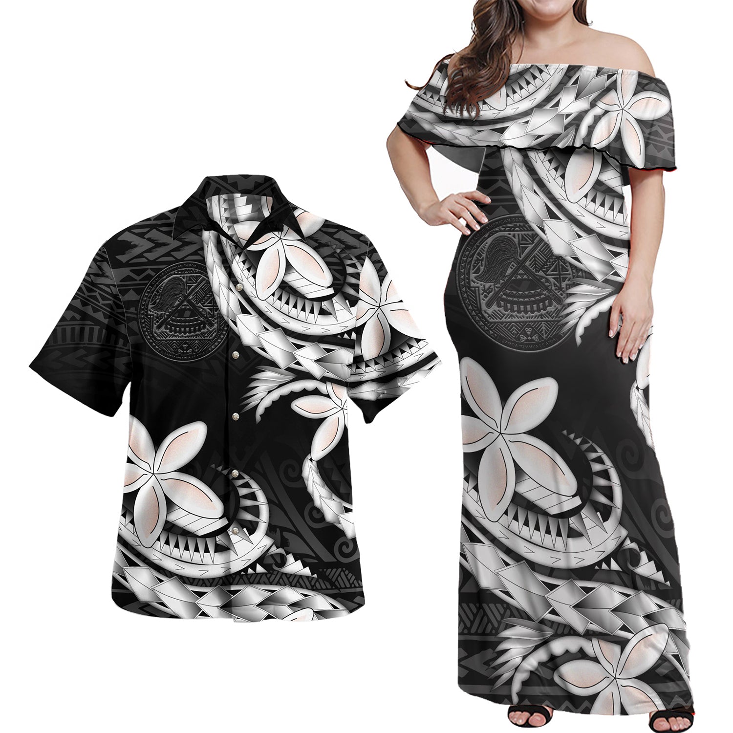 American Samoa Combo Off Shoulder Long Dress And Shirt Polynesian Patterns Plumeria Flowers Special Style