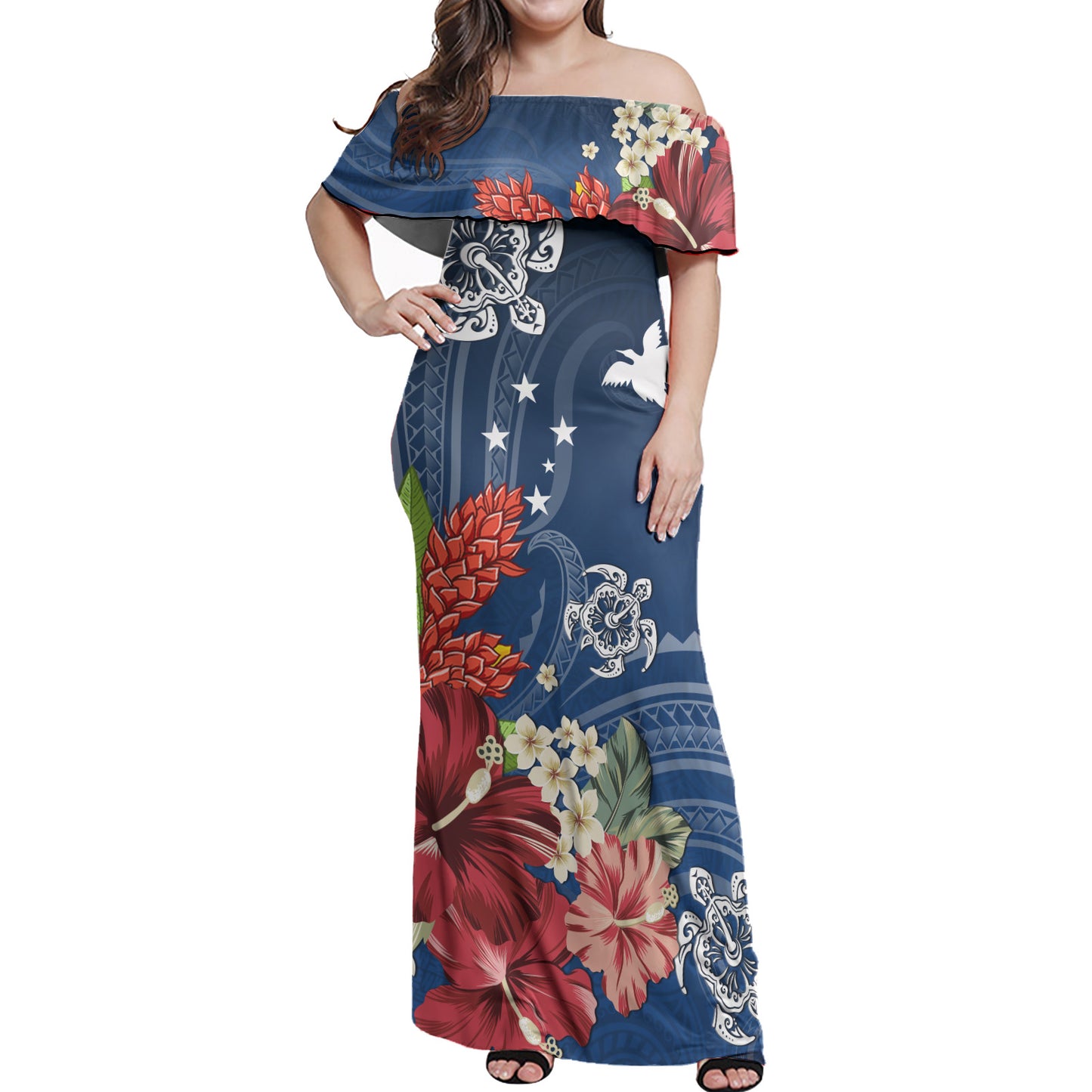 Papua New Guinea Combo Off Shoulder Long Dress And Shirt  Flower And Turtle