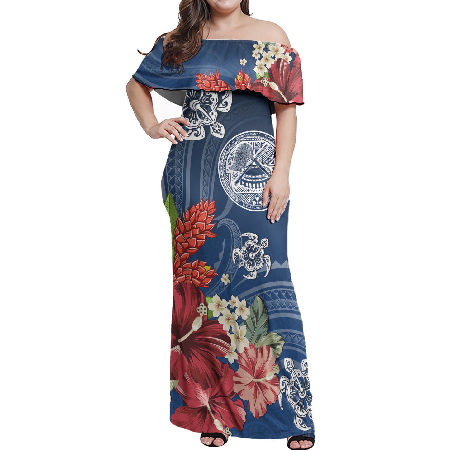 American Samoa Combo Off Shoulder Long Dress And Shirt  Flower And Turtle