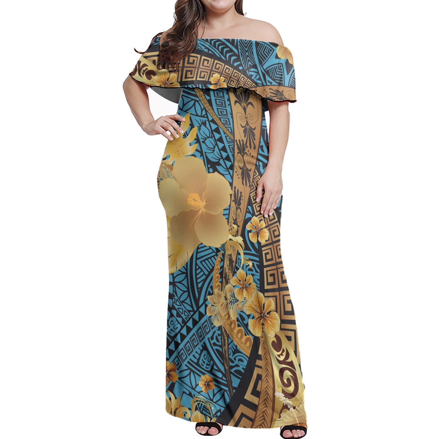 Polynesian Tribal Patterns Hibiscus Flowers Golden Color Women Off Shoulder Long Dress And Shirt