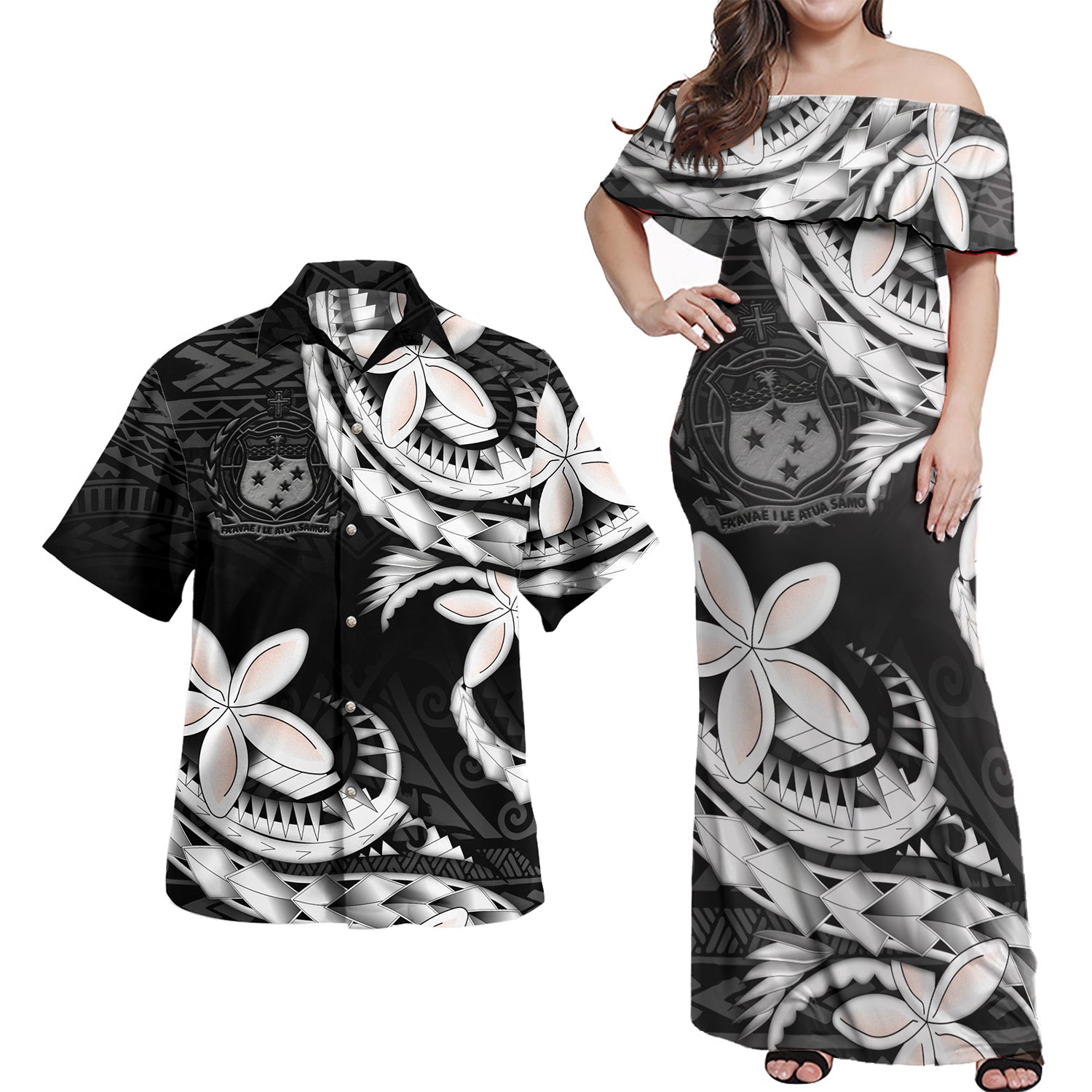 Samoa Combo Off Shoulder Long Dress And Shirt Polynesian Patterns Plumeria Flowers Special Style