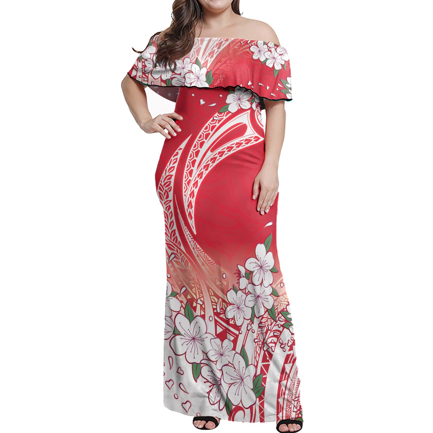 Polynesian Off Shoulder Long Dress Polynesian Pattern Style White Flowers