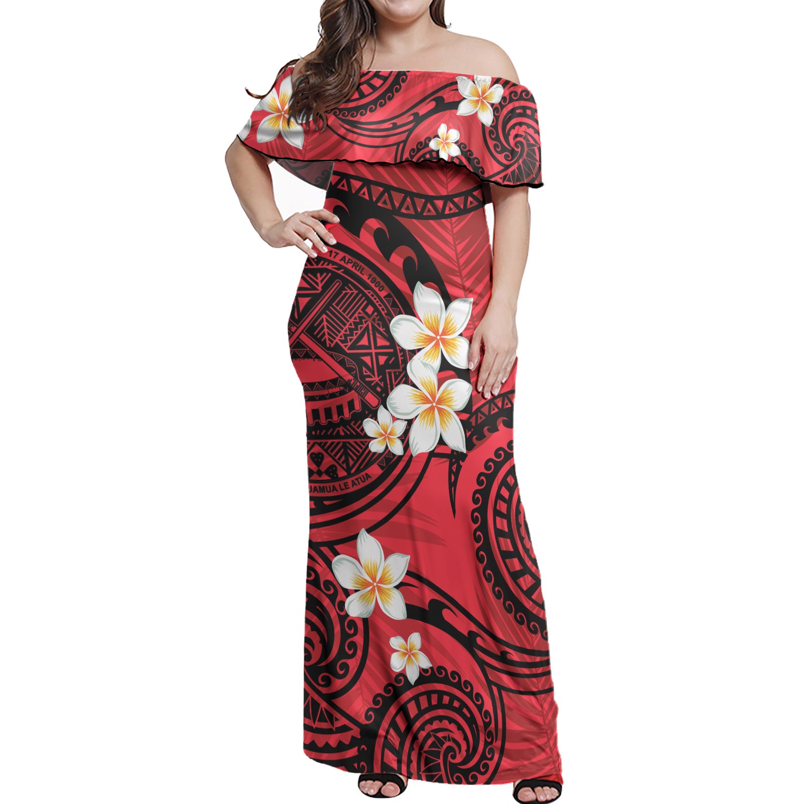 American Samoa Off Shoulder Long Dress Plumeria Flowers Tribal Motif Red Version