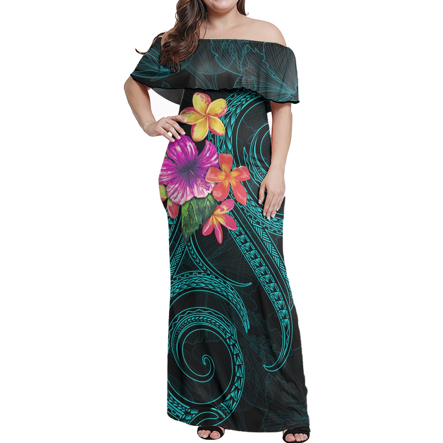 Polynesian Woman Off Shoulder Long Dress Turquoise Floral With Seal