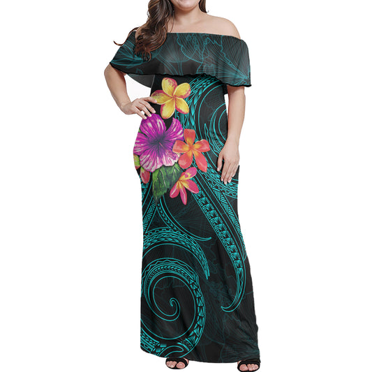 Polynesian Woman Off Shoulder Long Dress Turquoise Floral With Seal