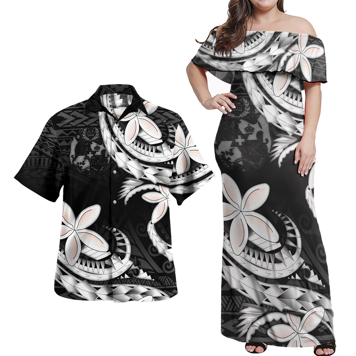 Tonga Combo Off Shoulder Long Dress And Shirt Polynesian Patterns Plumeria Flowers Special Style