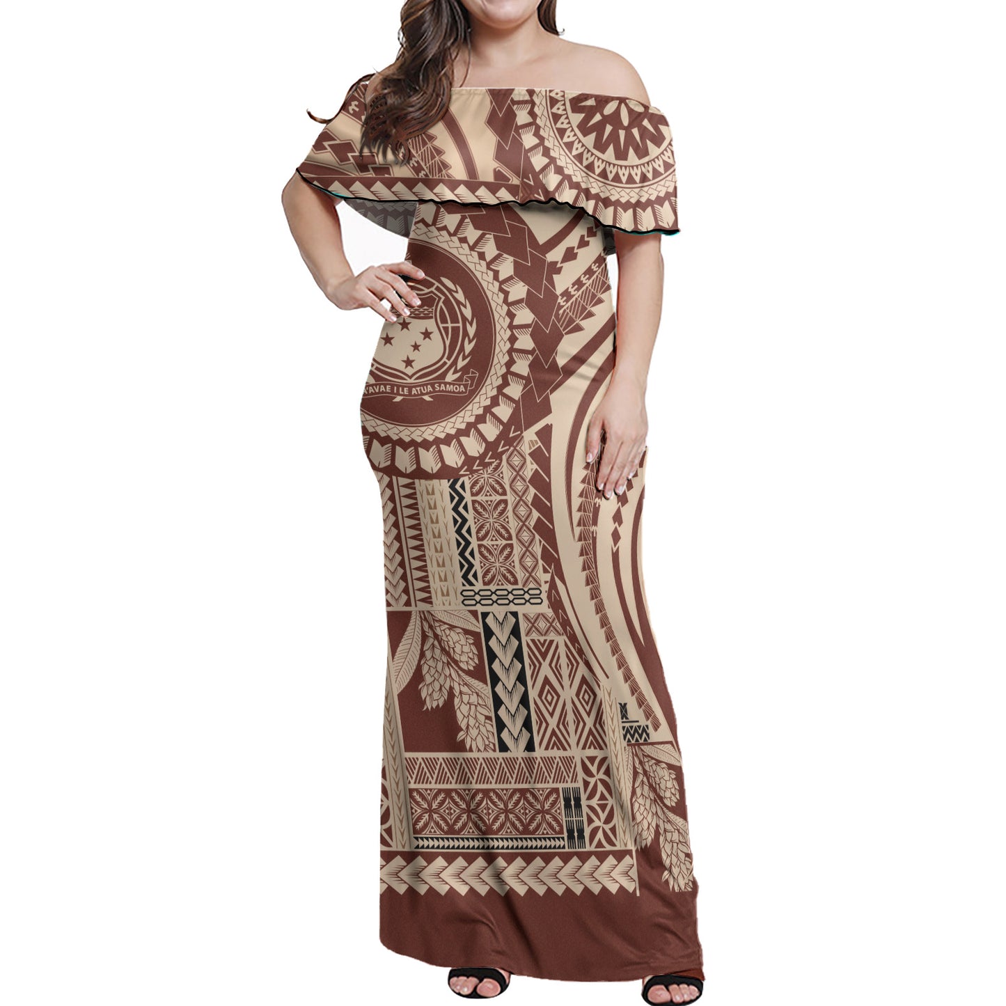 Samoa Off Shoulder Long Dress Seal Samoan Siapo Brown Design