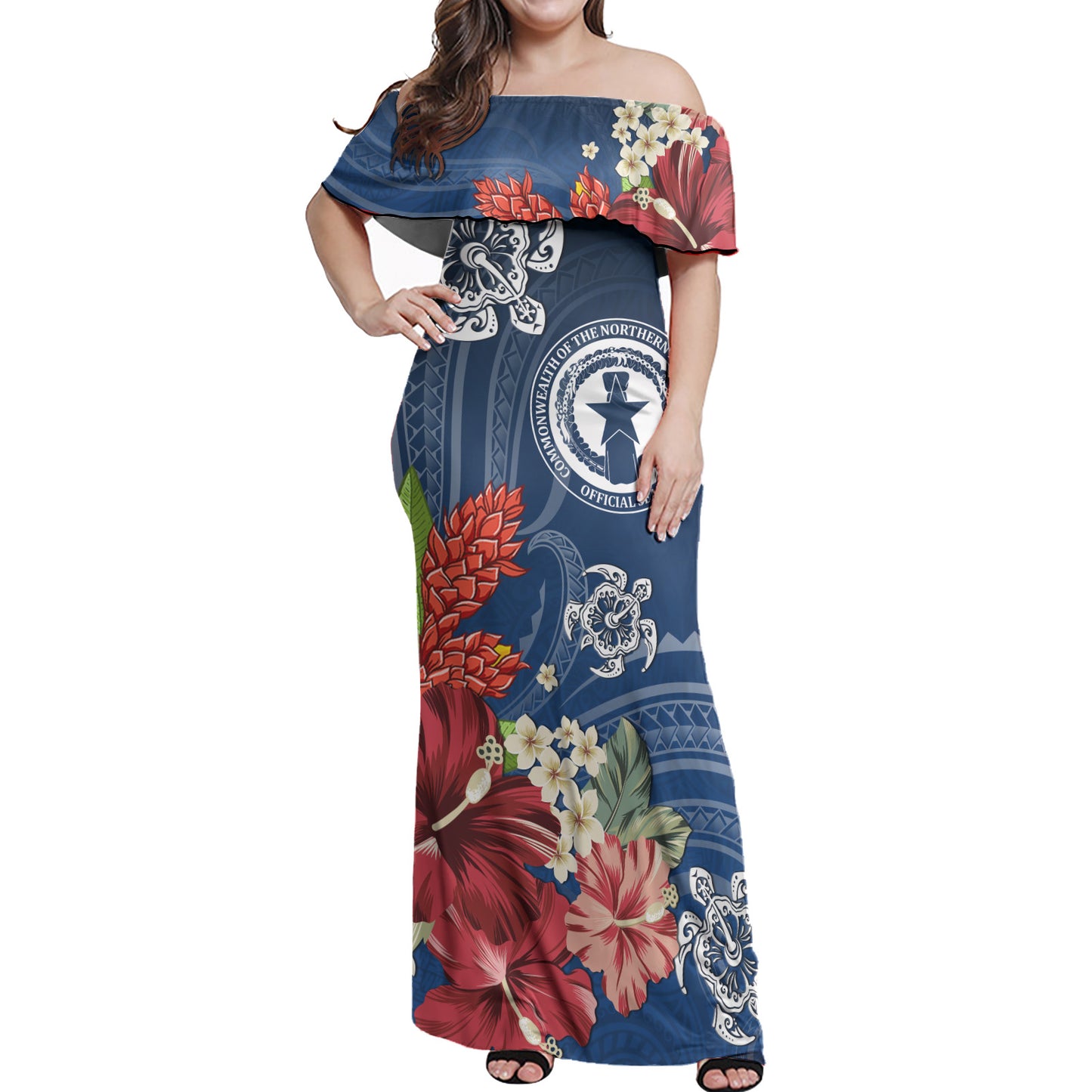 Northern Mariana Islands Combo Off Shoulder Long Dress And Shirt  Flower And Turtle