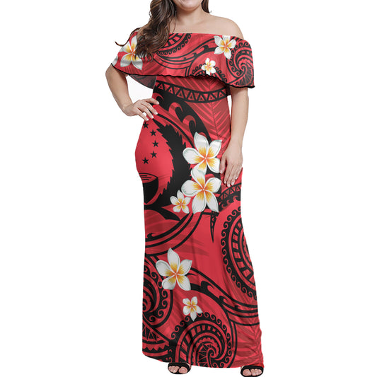 Pohnpei State Off Shoulder Long Dress Plumeria Flowers Tribal Motif Red Version