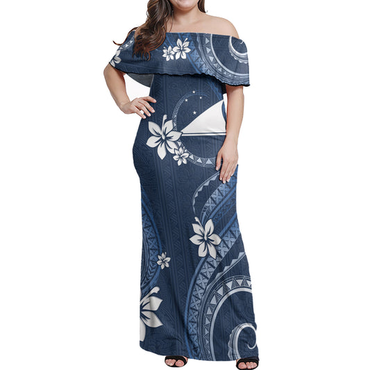 Tokelau Off Shoulder Long Dress White Hibiscus Blue Pattern