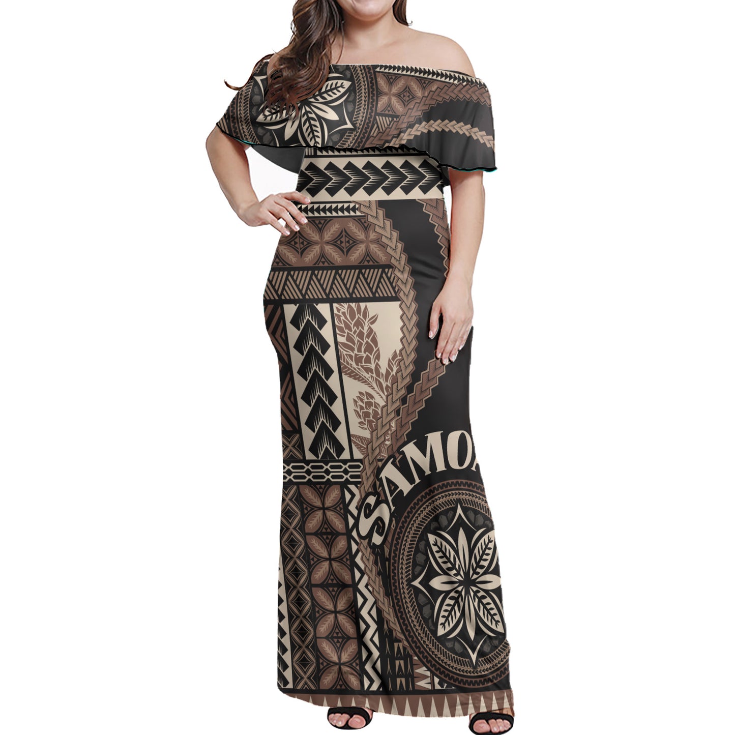 Samoa Off Shoulder Long Dress Samoan Siapo Motif Classic Style