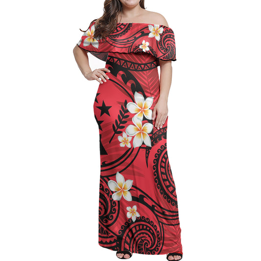 Kosrae Off Shoulder Long Dress Plumeria Flowers Tribal Motif Red Version