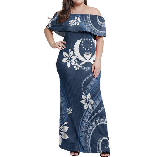 Pohnpei State Off Shoulder Long Dress White Hibiscus Blue Pattern