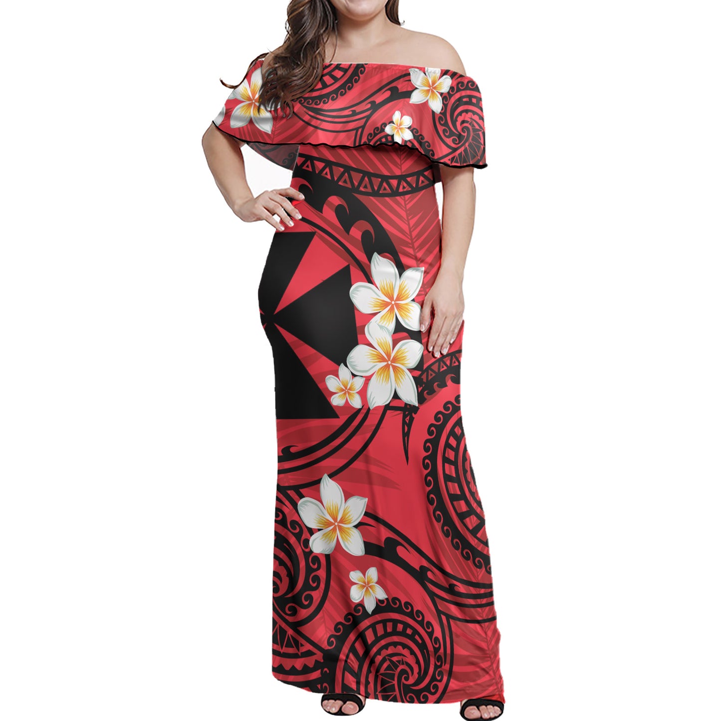 Wallis And Futuna Off Shoulder Long Dress Plumeria Flowers Tribal Motif Red Version