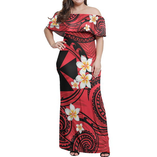 Wallis And Futuna Off Shoulder Long Dress Plumeria Flowers Tribal Motif Red Version