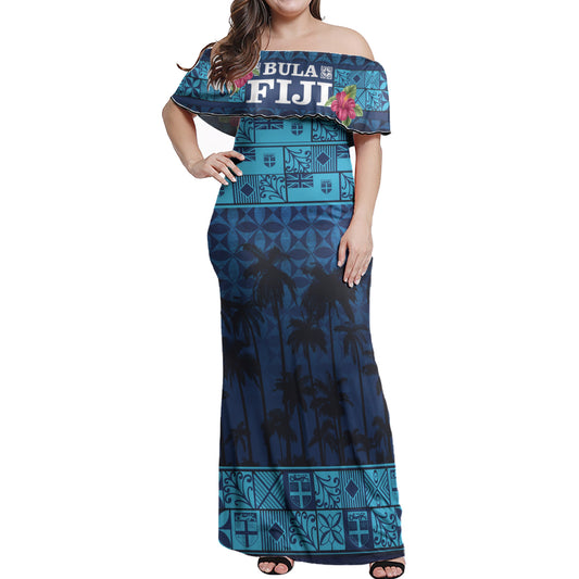 Fiji Woman Off Shoulder Long Dress Bula Fiji Masi Palm Tree Design