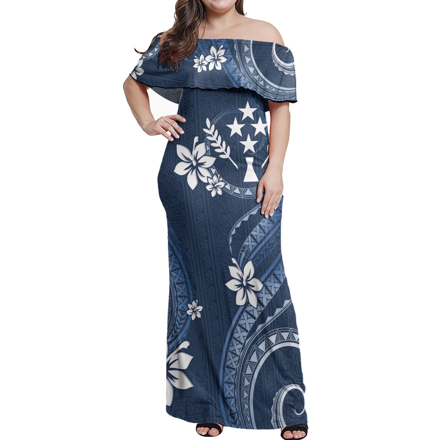 Kosrae Off Shoulder Long Dress White Hibiscus Blue Pattern