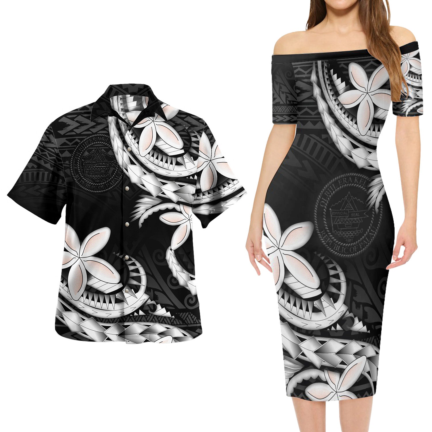 Palau Combo Short Sleeve Dress And Shirt Polynesian Patterns Plumeria Flowers Special Style