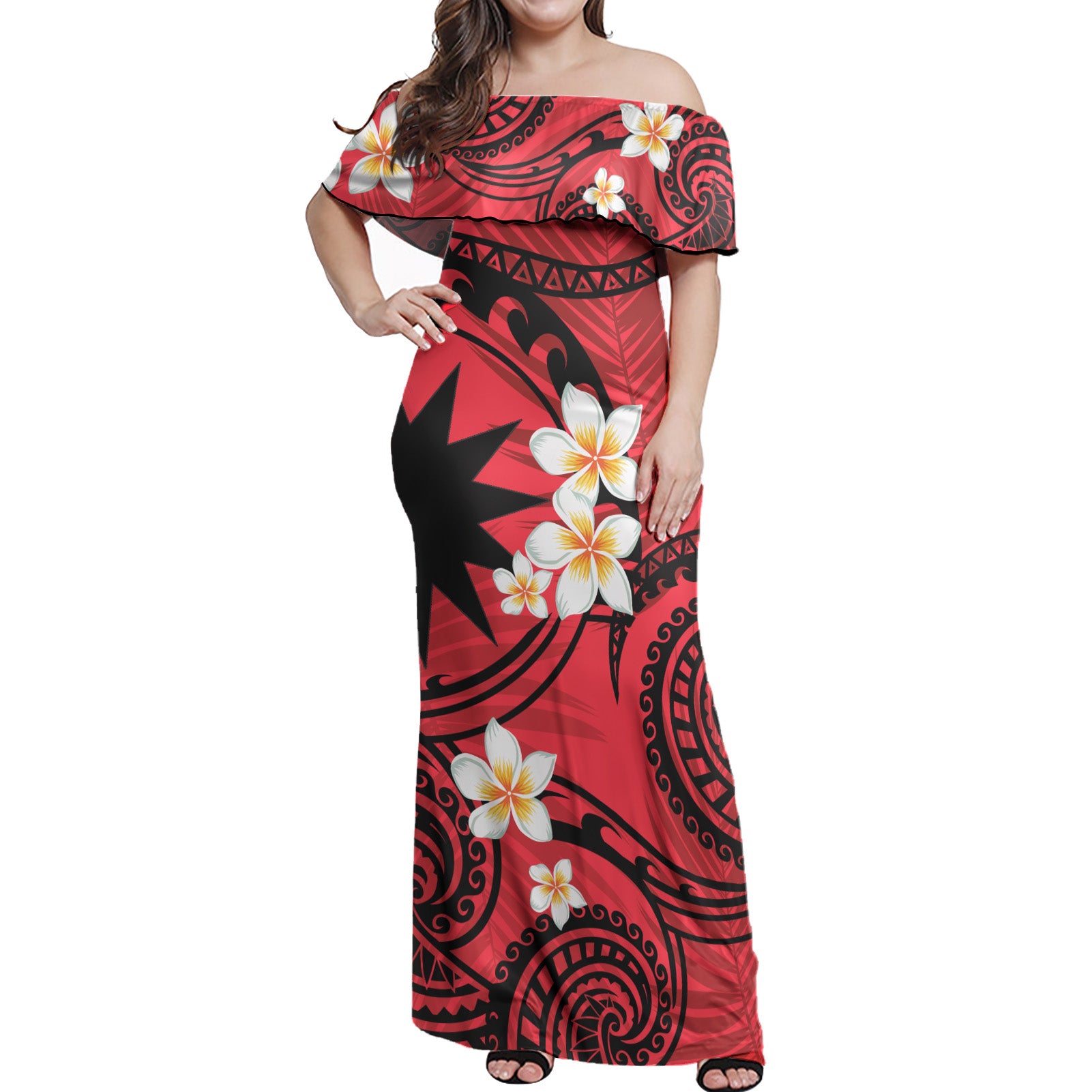 Nauru Off Shoulder Long Dress Plumeria Flowers Tribal Motif Red Version