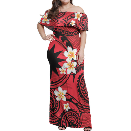Nauru Off Shoulder Long Dress Plumeria Flowers Tribal Motif Red Version