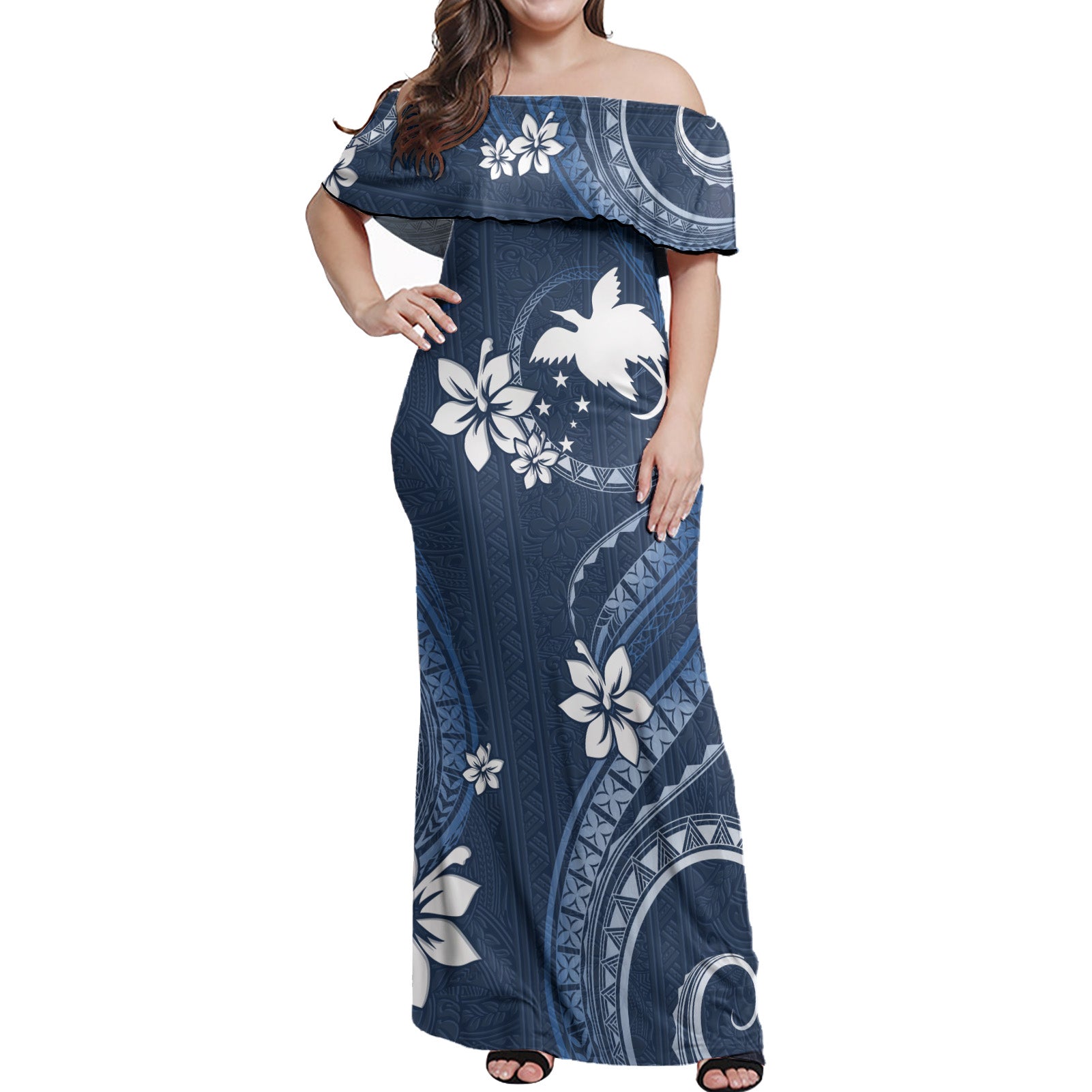 Papua New Guinea Off Shoulder Long Dress White Hibiscus Blue Pattern | Polynesian.co Papua New Guinea Off Shoulder Long Dress White Hibiscus Blue Pattern | Polynesian.co