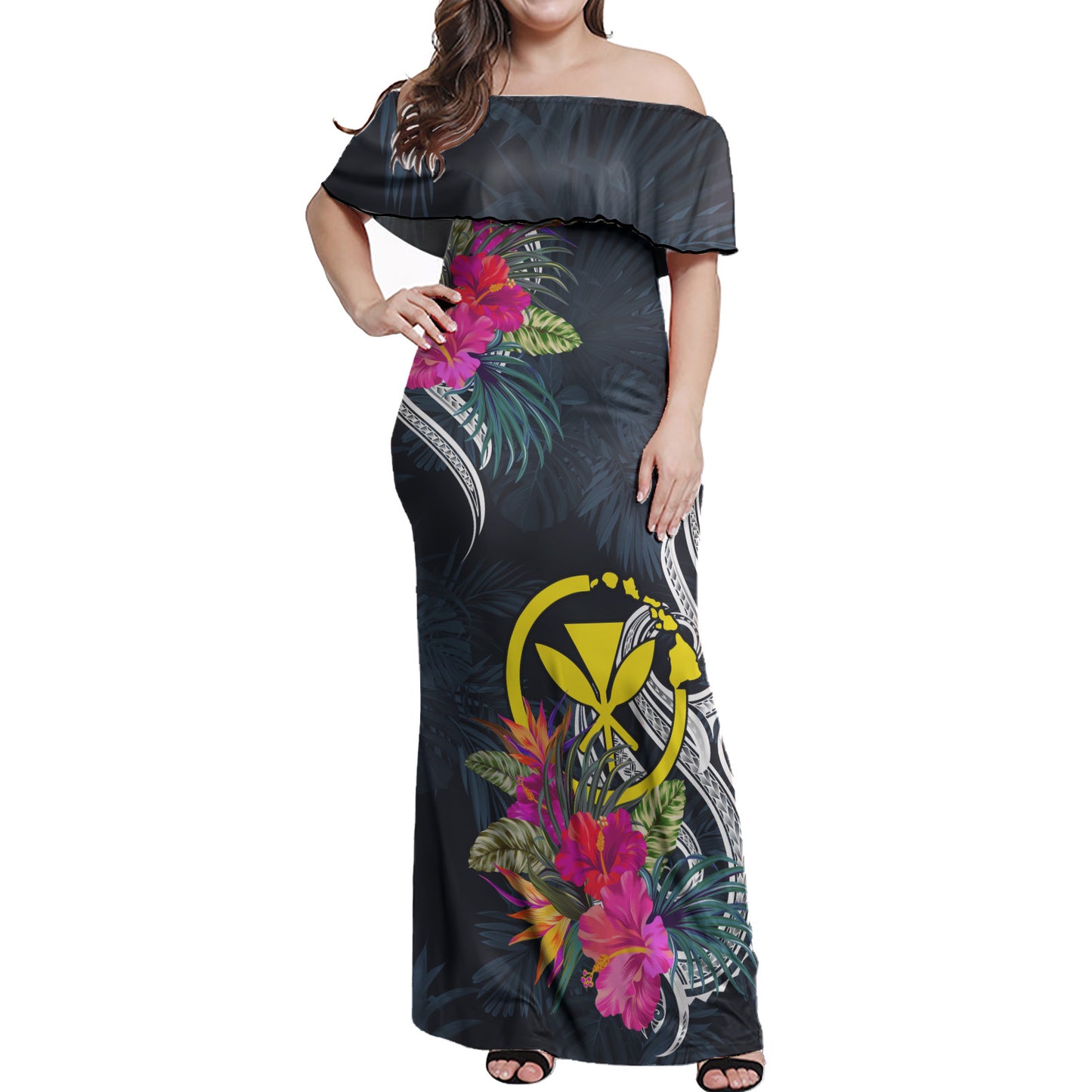 Hawaii Kanaka Maoli Combo Off Shoulder Long Dress And Shirt Tropical Flower