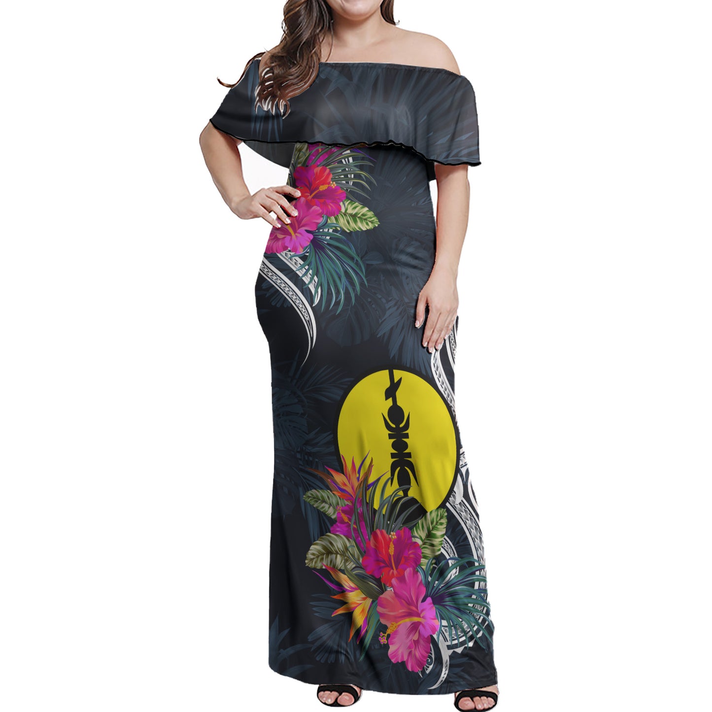 New Caledonia Combo Off Shoulder Long Dress And Shirt Tropical Flower