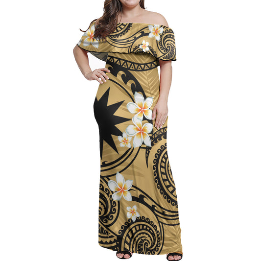 Nauru Off Shoulder Long Dress Plumeria Flowers Tribal Motif Yellow Version