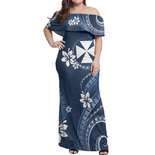 Wallis And Futuna Off Shoulder Long Dress White Hibiscus Blue Pattern