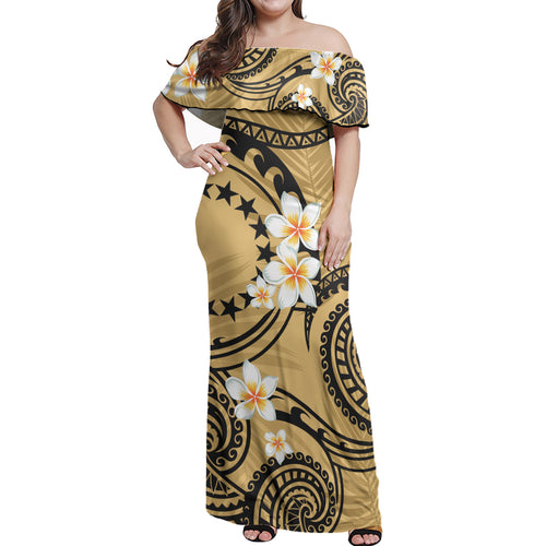 Cook Islands Off Shoulder Long Dress Plumeria Flowers Tribal Motif Yellow Version