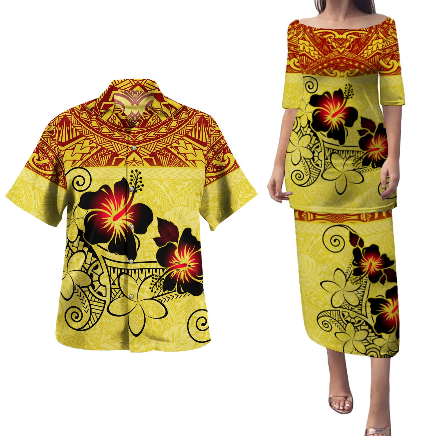 Hawaii Combo Puletasi And Shirt Polynesian Tribal Patterns Hibiscus Flowers Yellow Color