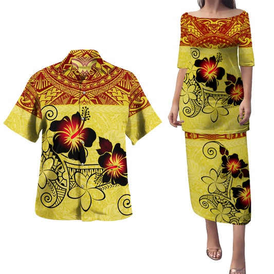 Hawaii Combo Puletasi And Shirt Polynesian Tribal Patterns Hibiscus Flowers Yellow Color