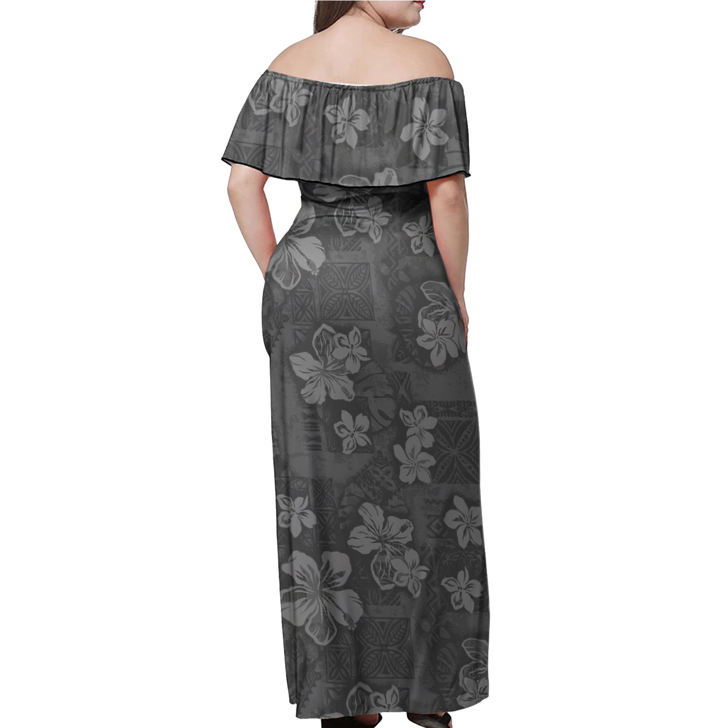 Hawaii Woman Off Shoulder Long Dress Polynesian Tribal And Hibiscus Vintage
