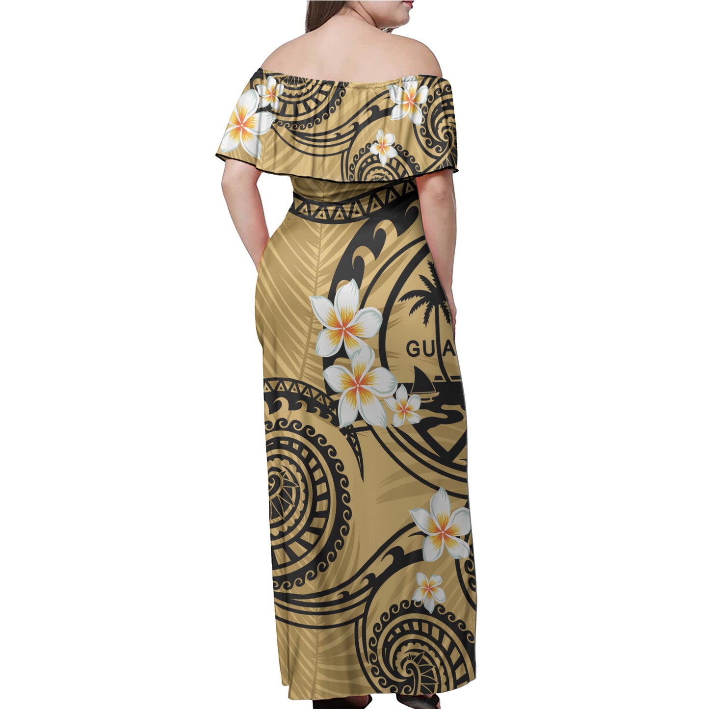 Guam Off Shoulder Long Dress Plumeria Flowers Tribal Motif Yellow Version