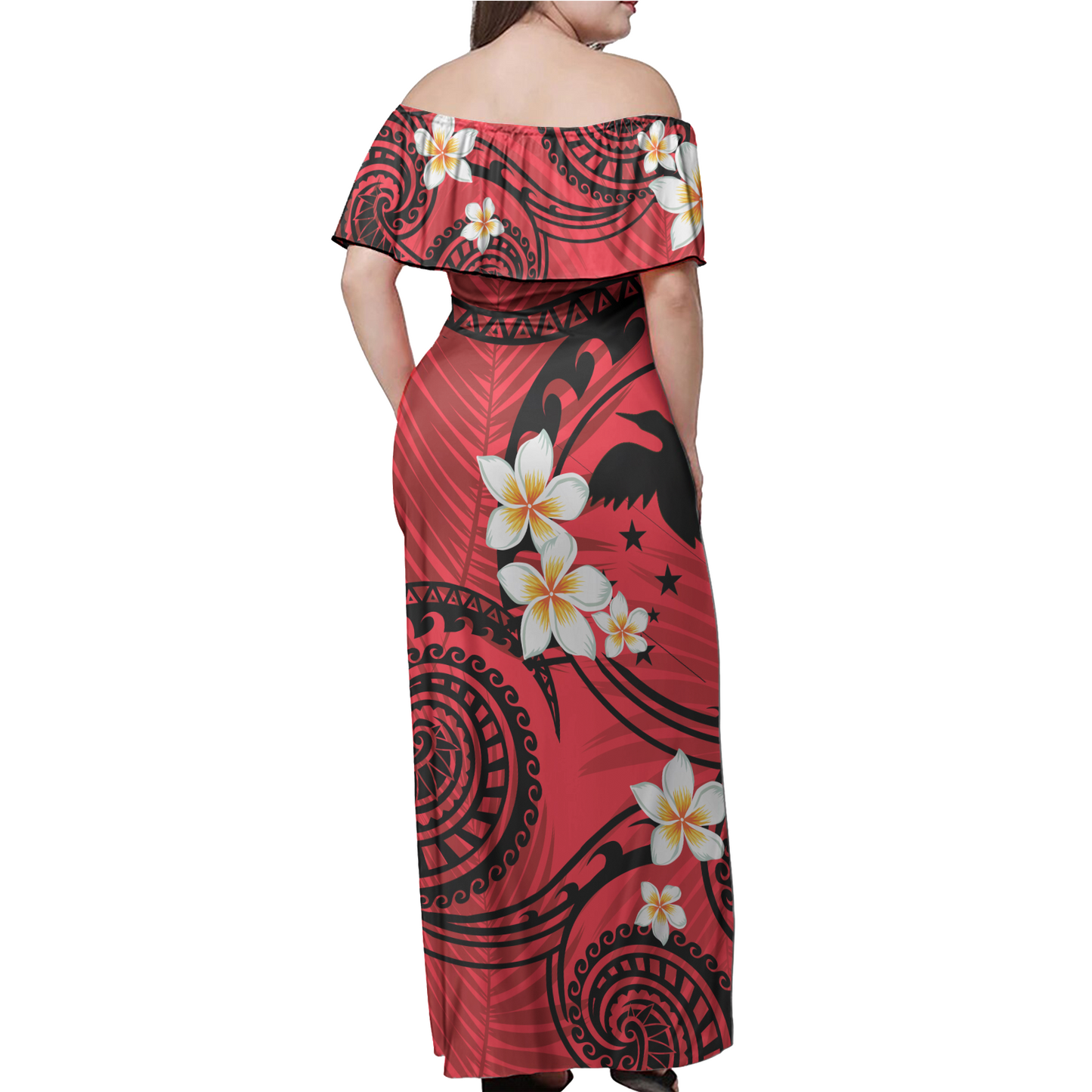 Papua New Guinea Off Shoulder Long Dress Plumeria Flowers Tribal Motif Red Version