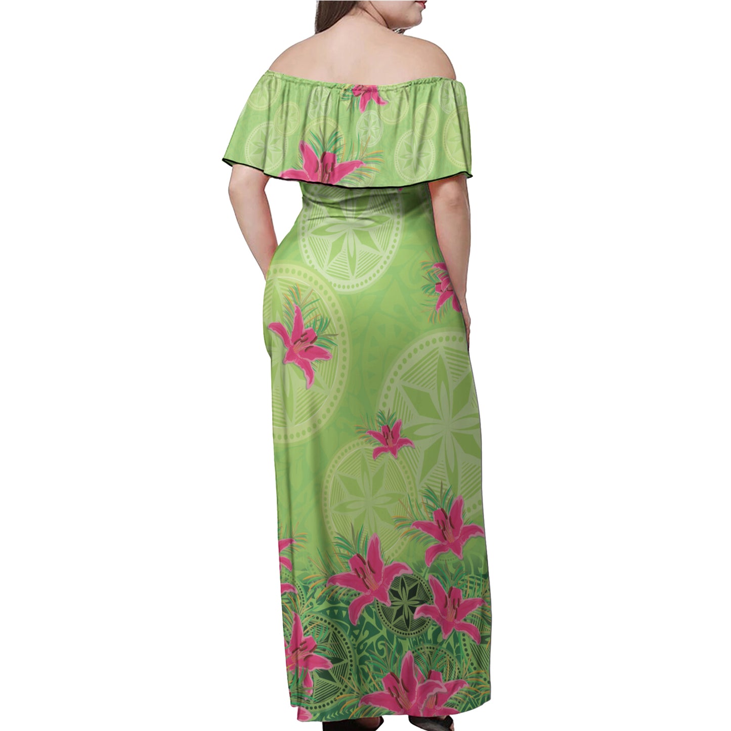 Fiji Off Shoulder Long Dress Lilies With Polynesian Pattern