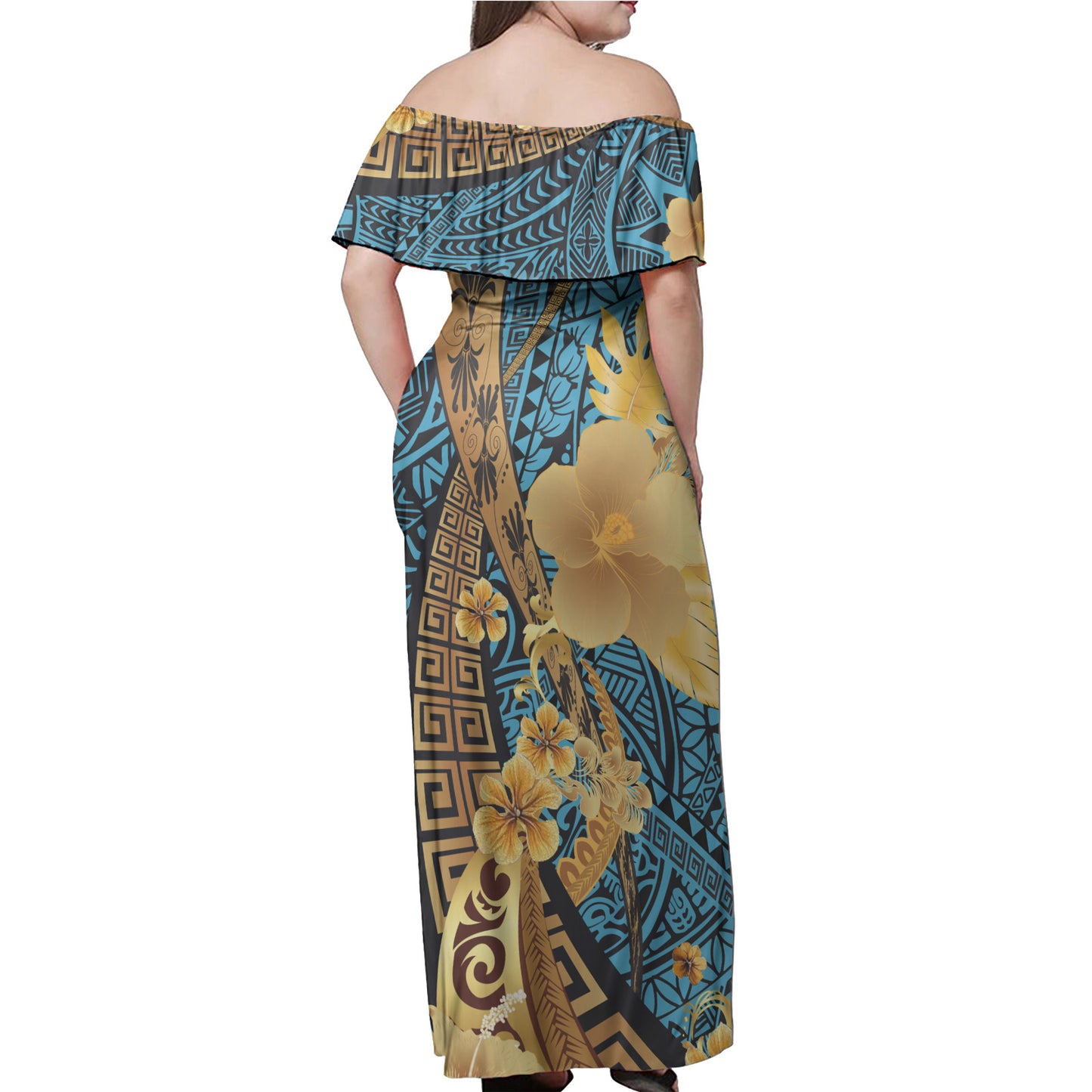 Polynesian Tribal Patterns Hibiscus Flowers Golden Color Women Off Shoulder Long Dress And Shirt