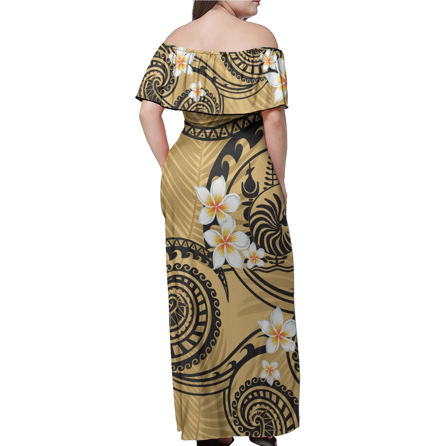 New Caledonia Off Shoulder Long Dress Plumeria Flowers Tribal Motif Yellow Version