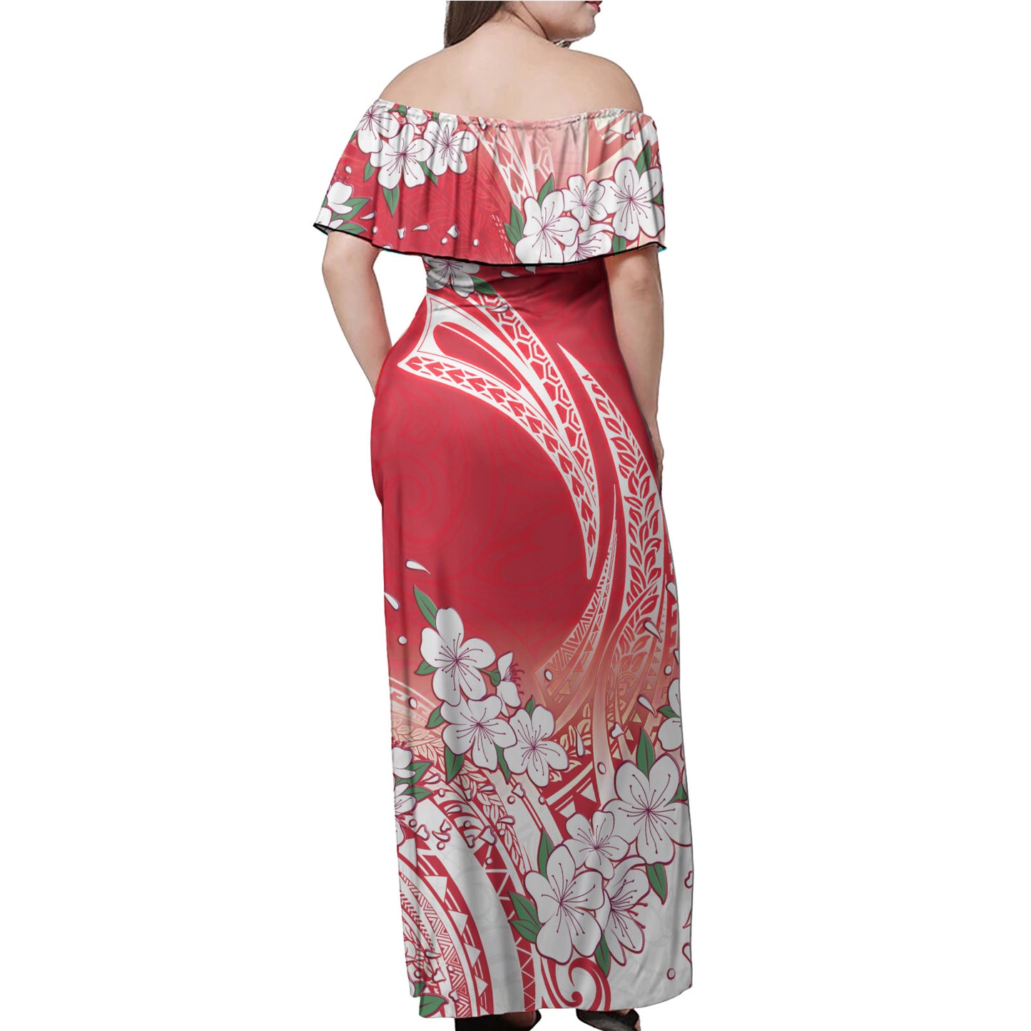 Polynesian Off Shoulder Long Dress Polynesian Pattern Style White Flowers