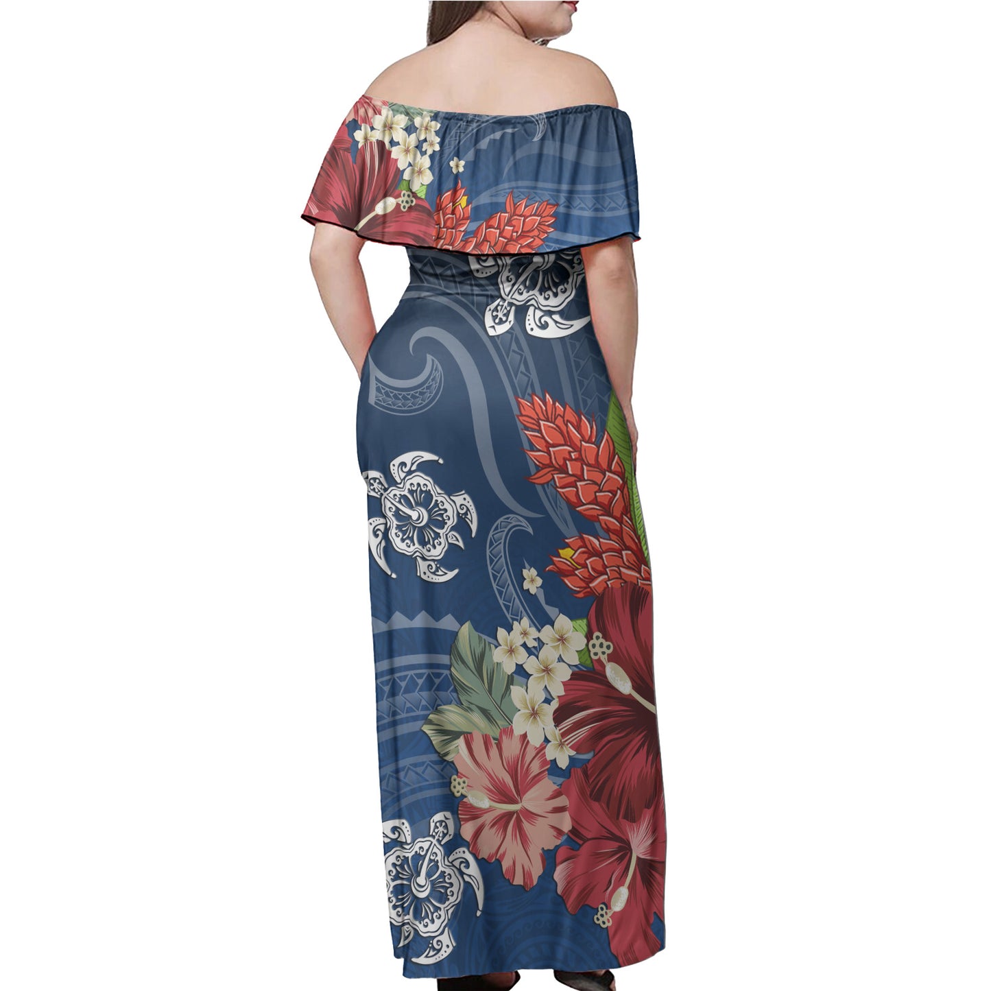 American Samoa Combo Off Shoulder Long Dress And Shirt  Flower And Turtle
