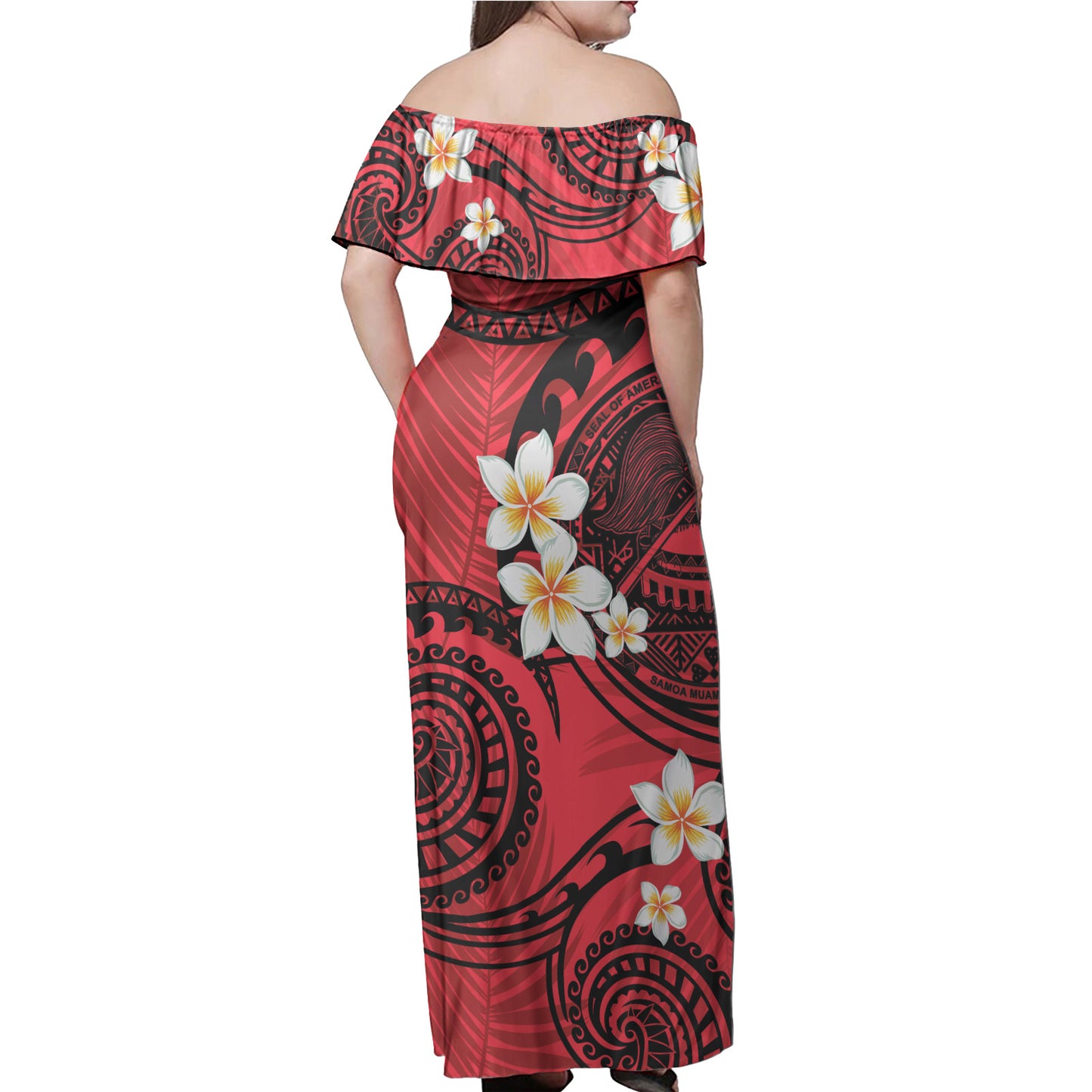 American Samoa Off Shoulder Long Dress Plumeria Flowers Tribal Motif Red Version
