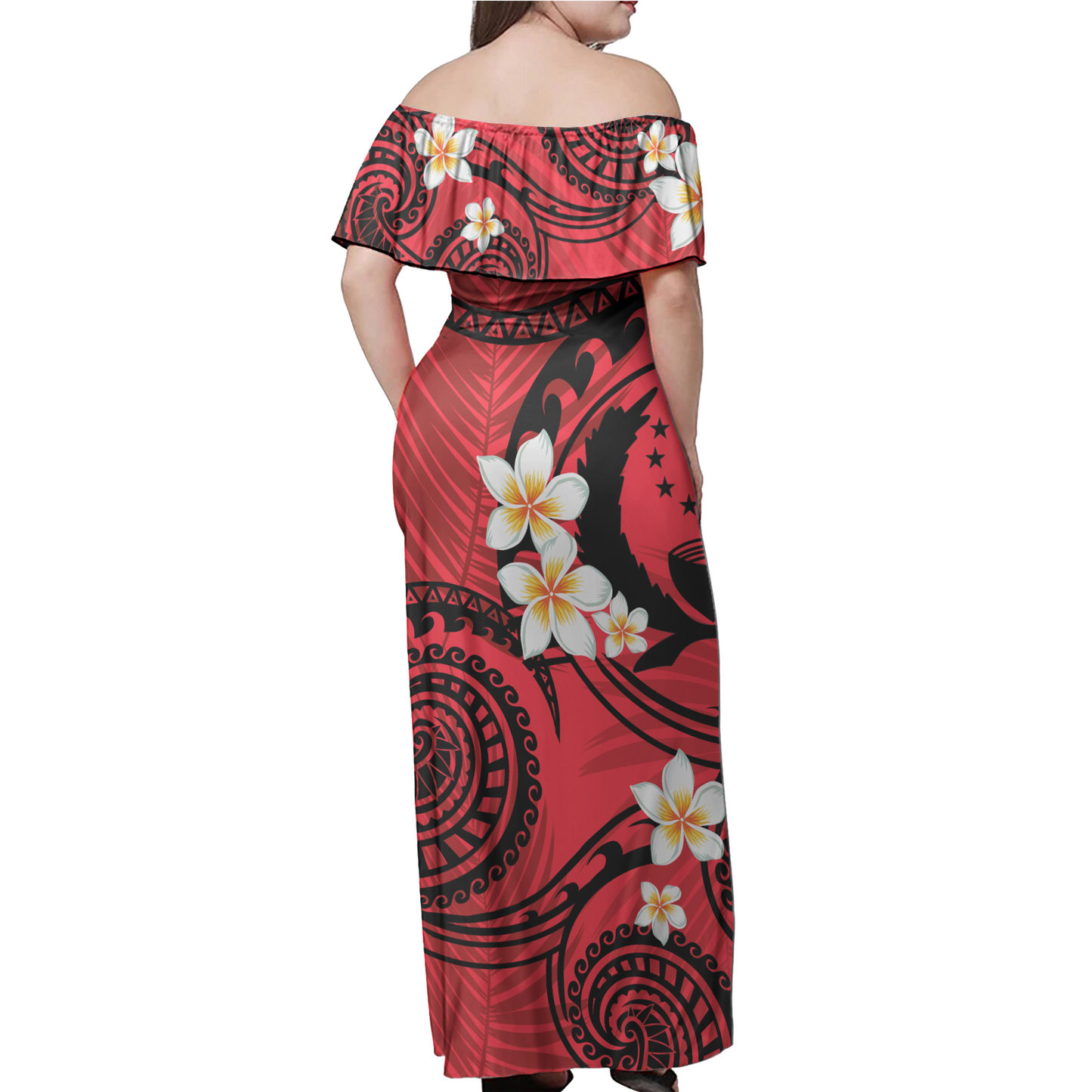 Pohnpei State Off Shoulder Long Dress Plumeria Flowers Tribal Motif Red Version