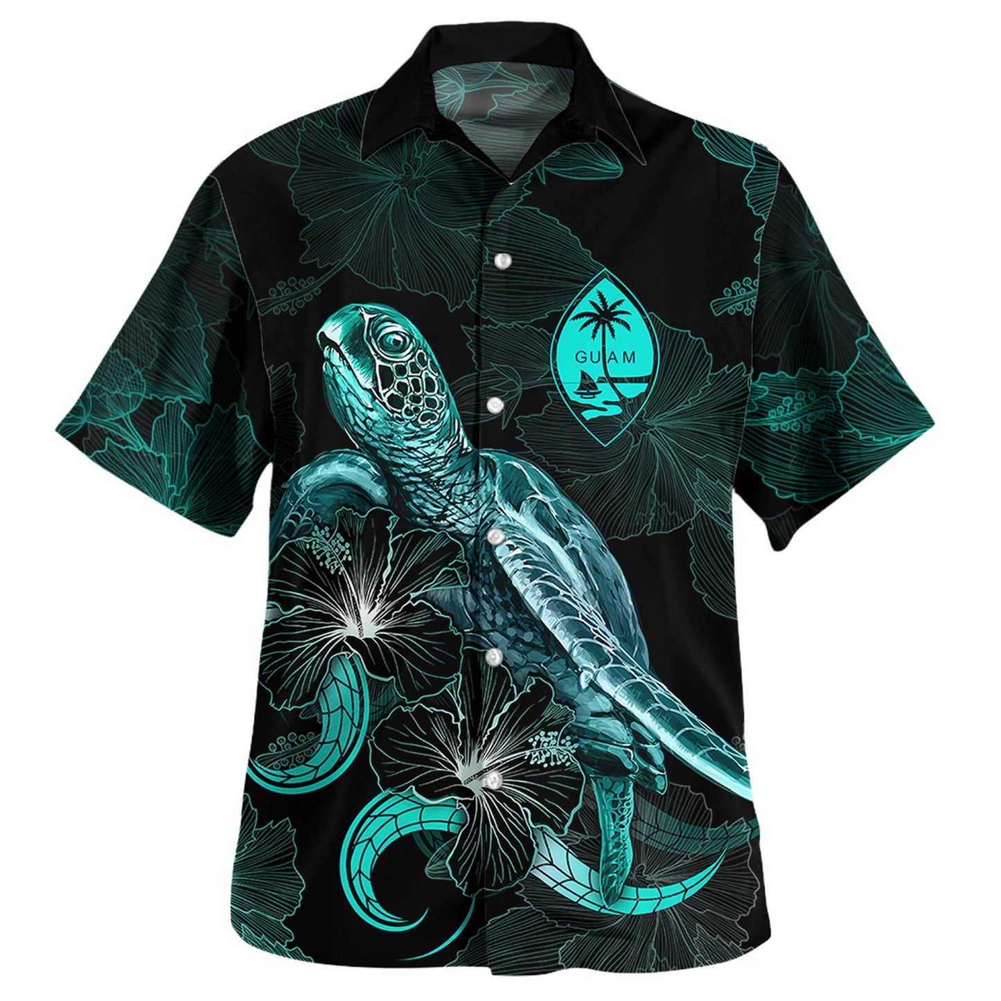 Guam Combo Dress And Shirt - Guam Coat Of Arms With Polynesian Turtle Blooming Hibiscus Turquoise