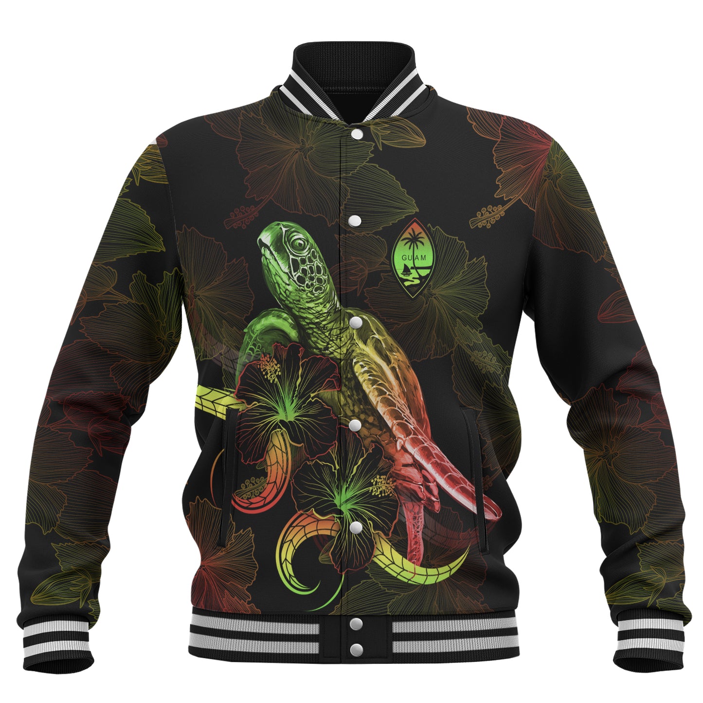 Guam Baseball Jacket Sea Turtle With Blooming Hibiscus Flowers Reggae