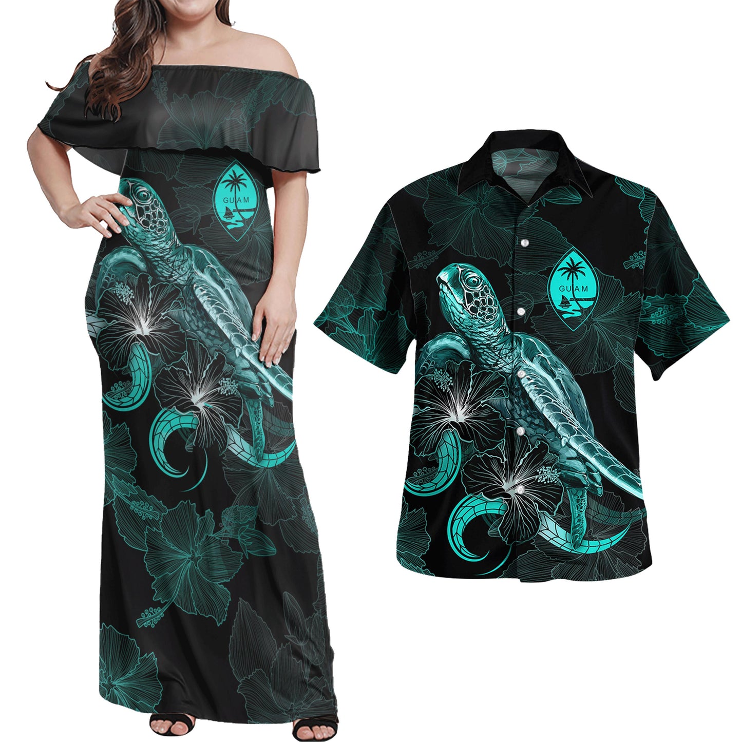 Guam Combo Dress And Shirt - Guam Coat Of Arms With Polynesian Turtle Blooming Hibiscus Turquoise