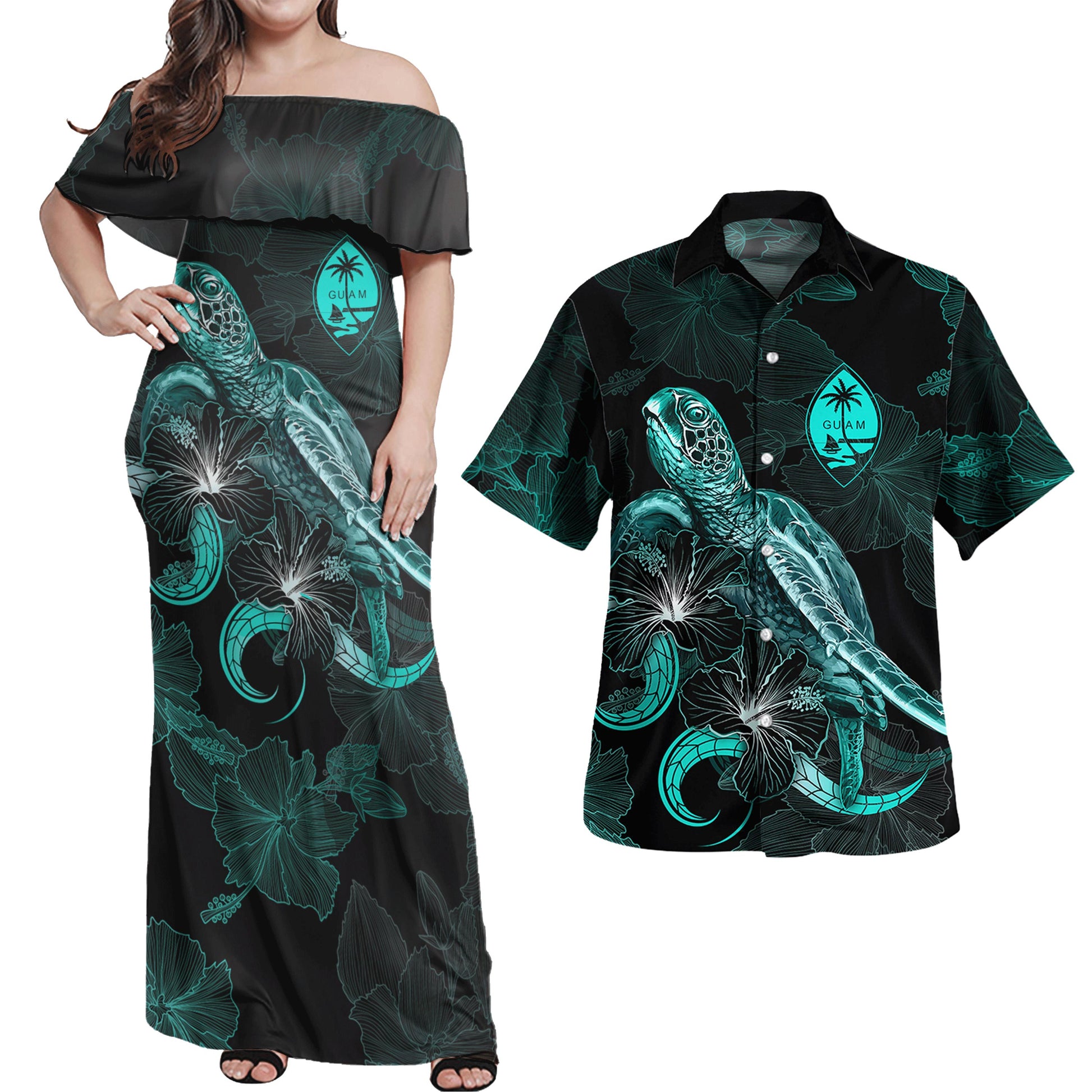 Guam Combo Dress And Shirt - Guam Coat Of Arms With Polynesian Turtle Blooming Hibiscus Turquoise