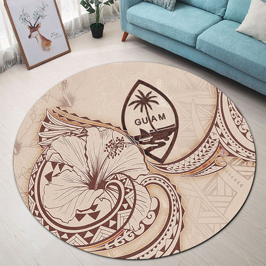 Guam Round Rug Hibiscus Flower Vintage Style