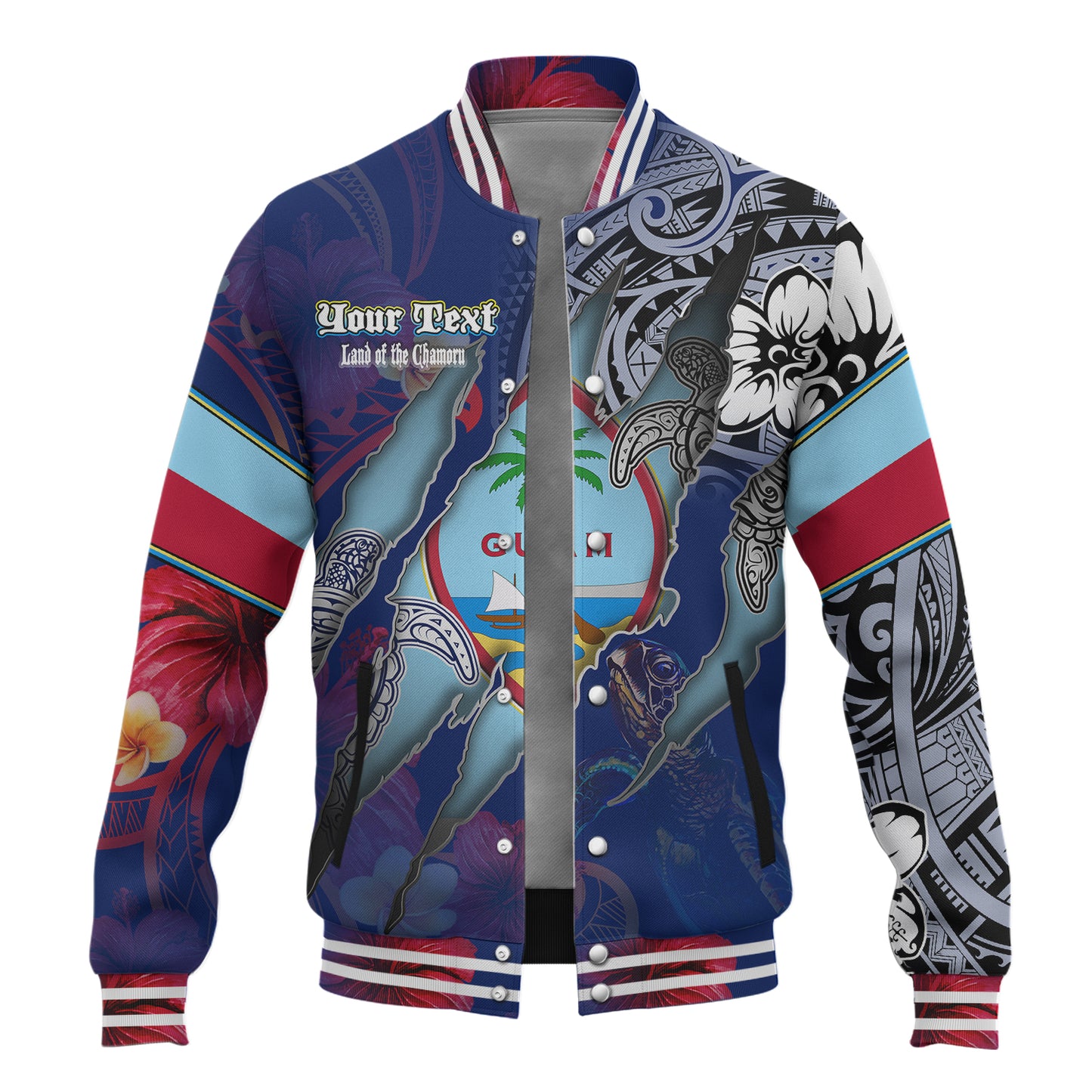 Guam Baseball Jacket Custom Chamorro Blood Inside Me Polynesian Sleeve Tattoo Tropical Blue