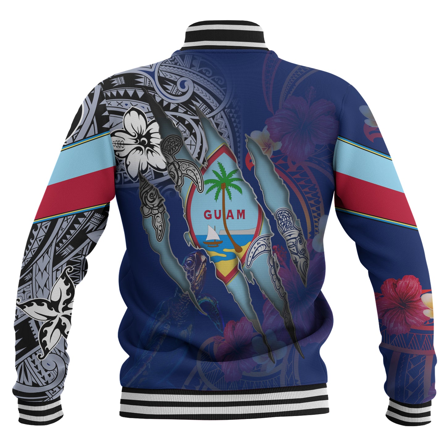 Guam Baseball Jacket Custom Chamorro Blood Inside Me Polynesian Sleeve Tattoo Tropical Blue